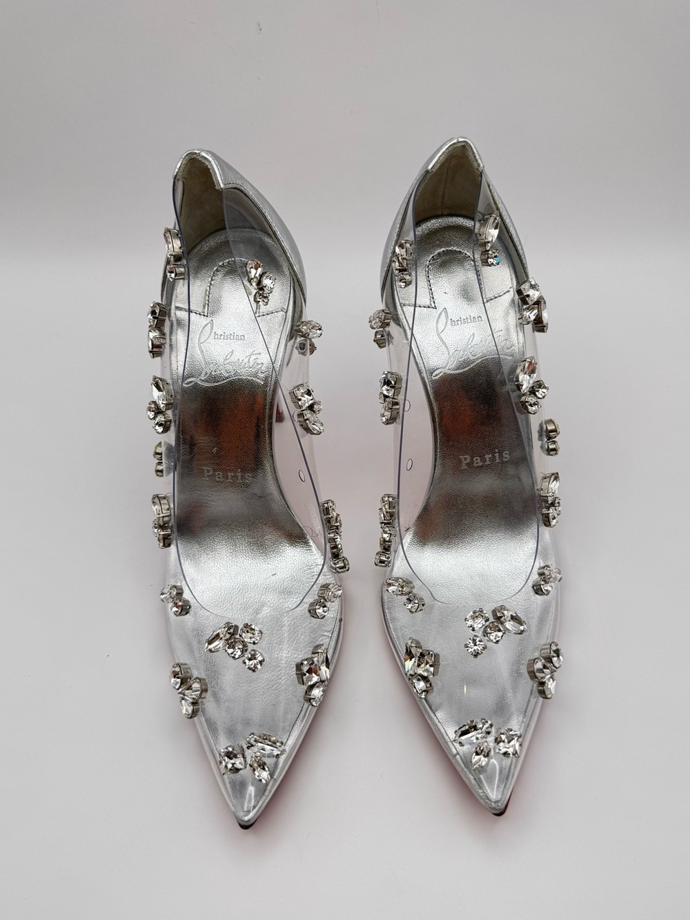Christian Louboutin Degraqueen PVC Crystal Pumps Silver 100 Heels EU 34